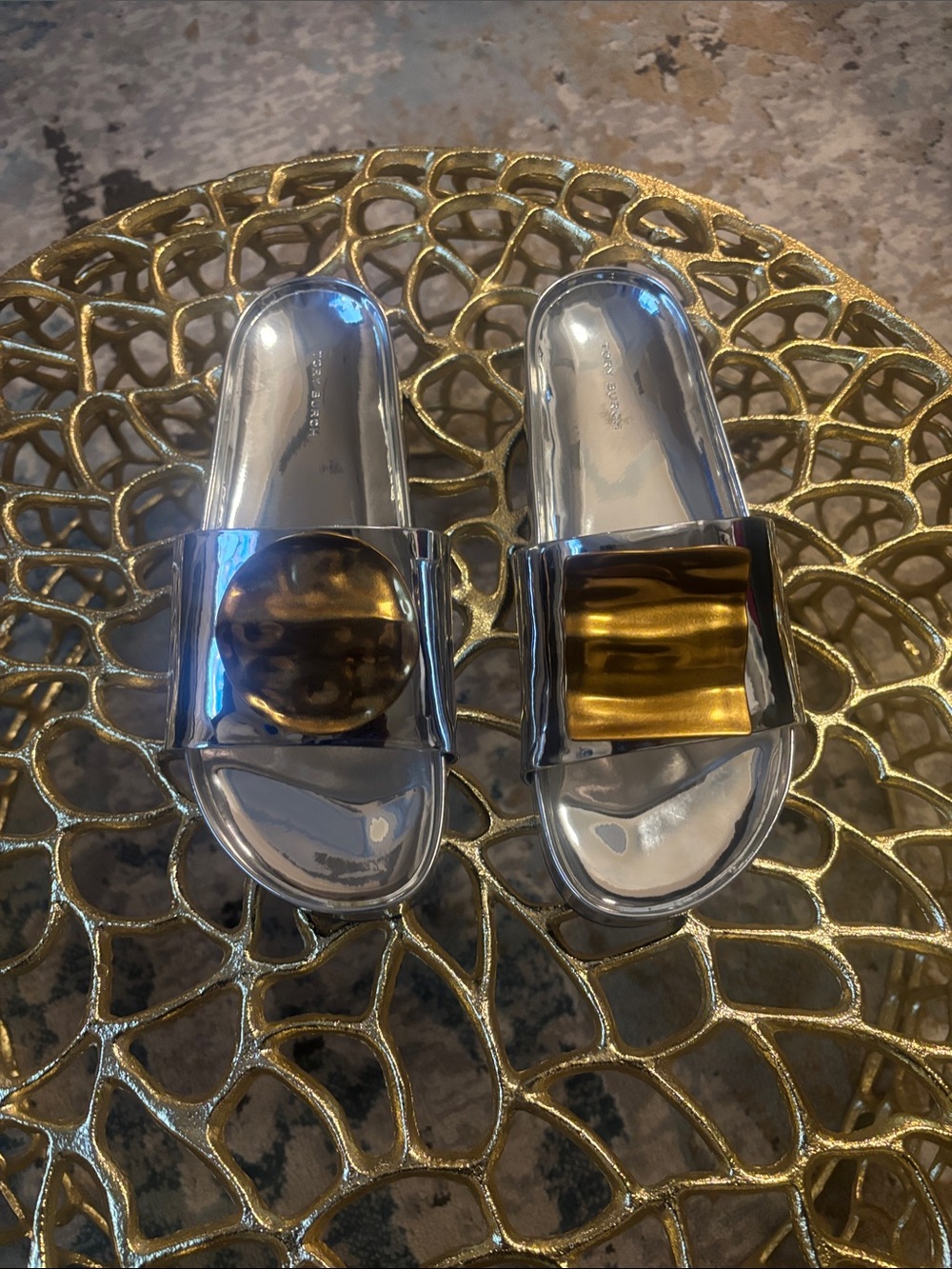 Metallic Slide Sandals with Gold Accents